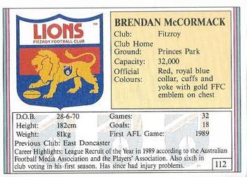 1992 AFL Regina #112 Brendan McCormack Back